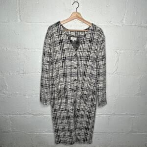 Lou & Grey Women's Black White Plaid V-Neck Button Sweater Dress Large NWT